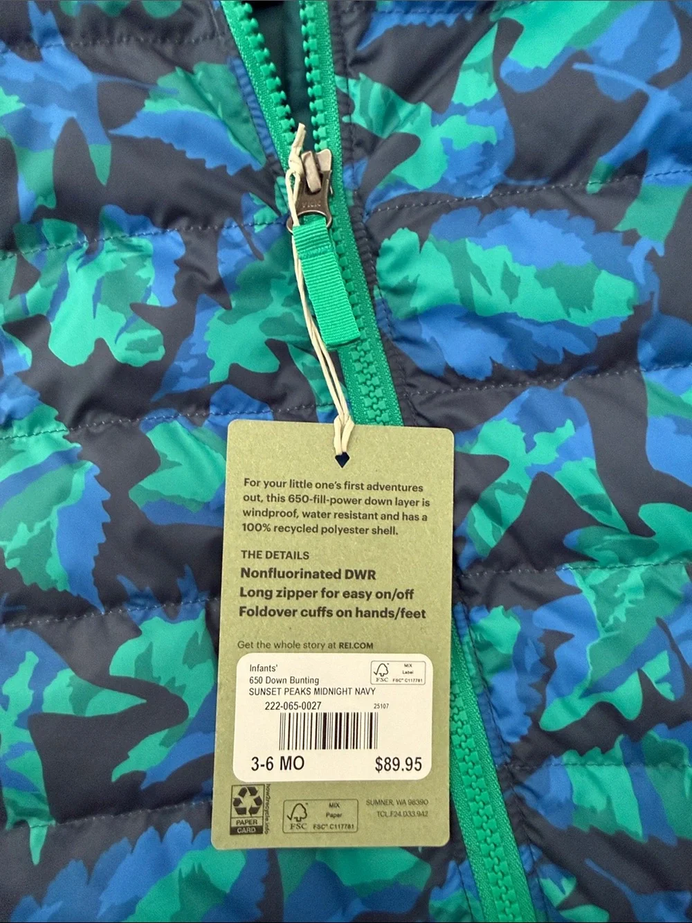 REI Blue and Green Camouflage Hooded Insulated One-Piece 3-6 Months Brand New